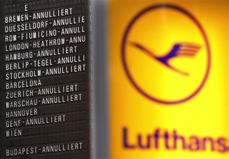 Cancelled flights are seen on a board in the terminal at the airport of Frankfurt, central Germany, Monday, Feb. 22, 2010, on the first day of a strike of more than 4000 Lufthansa pilots asking for more money and a job guarantee. The strike is supposed to last four days. (AP Photo/Michael Probst)